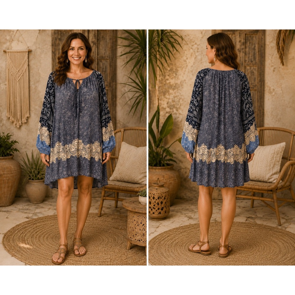 Loft 100% Cotton Boho Cottage Peasant Floral Paisley Lace Trim Mini Dress S/M